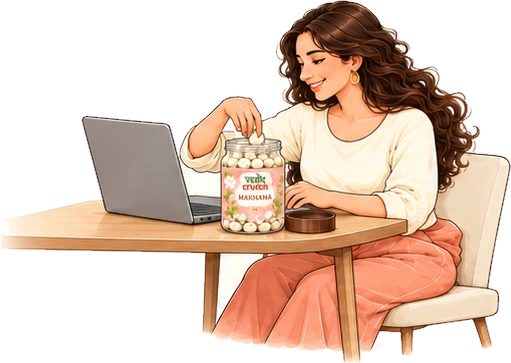 Mid-afternoon at a desk, a hand reaching into a jar of roasted makhana