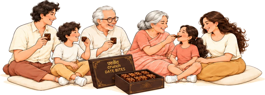 A family sitting round an open box of date bites