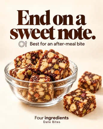End on a sweet note. Best for an after-meal bite — Date Bites in a glass bowl, four ingredients.