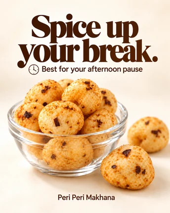 Spice up your break. Best for your afternoon pause — Peri Peri Makhana in a glass bowl.