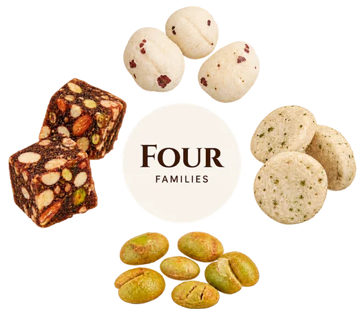The four families laid round a plate: date bites, Desi Chaat makhana, Cream & Onion jowar puffs and roasted edamame