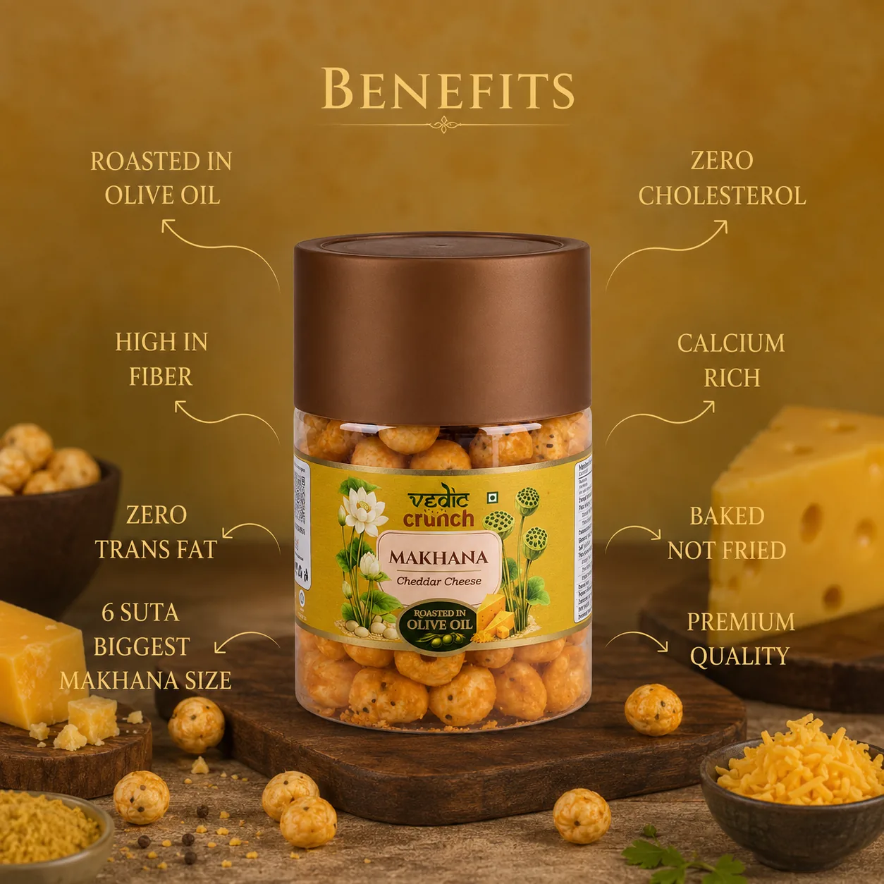 Benefits panel from the Vedic Crunch catalogue: roasted in olive oil, high in fibre, zero trans fat, 6 suta biggest makhana size, zero cholesterol, calcium rich, baked not fried, premium quality.