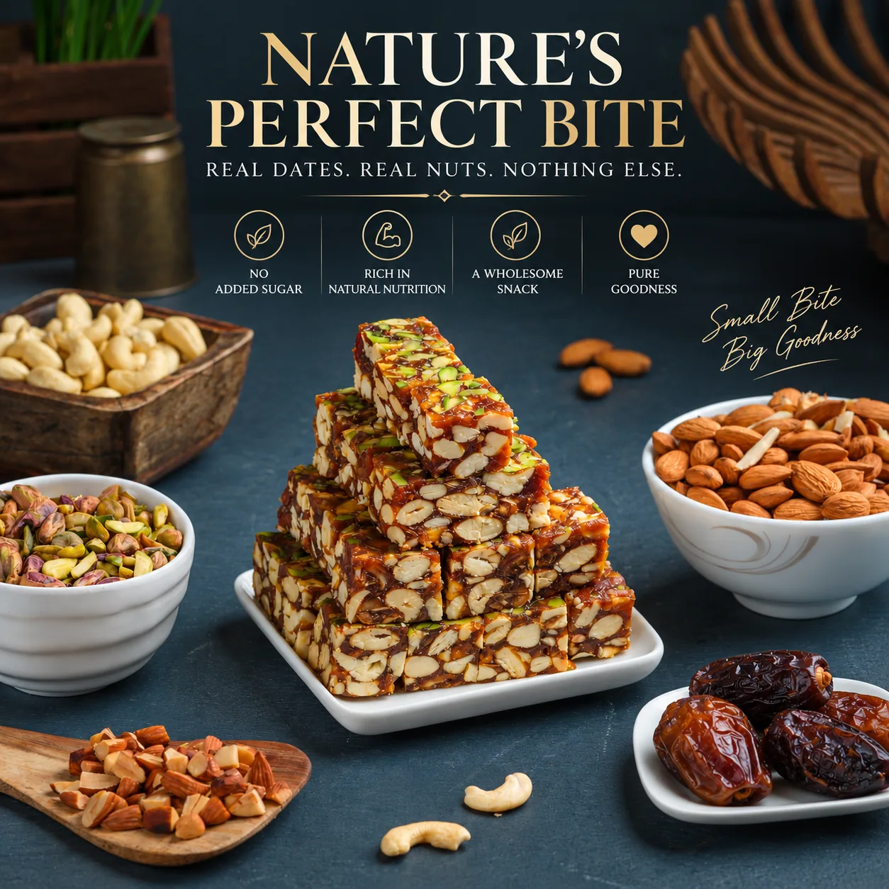 Benefits panel from the Vedic Crunch catalogue, for Date Bites.