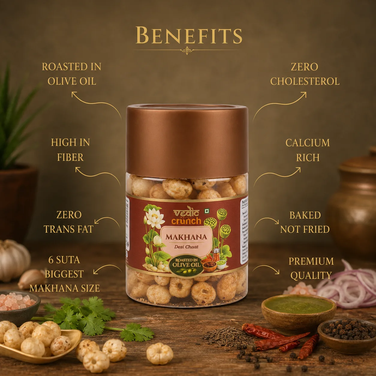 Benefits panel from the Vedic Crunch catalogue: roasted in olive oil, high in fibre, zero trans fat, 6 suta biggest makhana size, zero cholesterol, calcium rich, baked not fried, premium quality.
