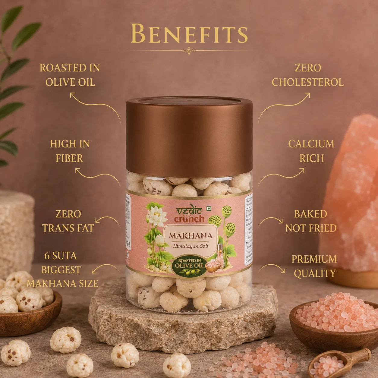 Benefits panel from the Vedic Crunch catalogue: roasted in olive oil, high in fibre, zero trans fat, 6 suta biggest makhana size, zero cholesterol, calcium rich, baked not fried, premium quality.