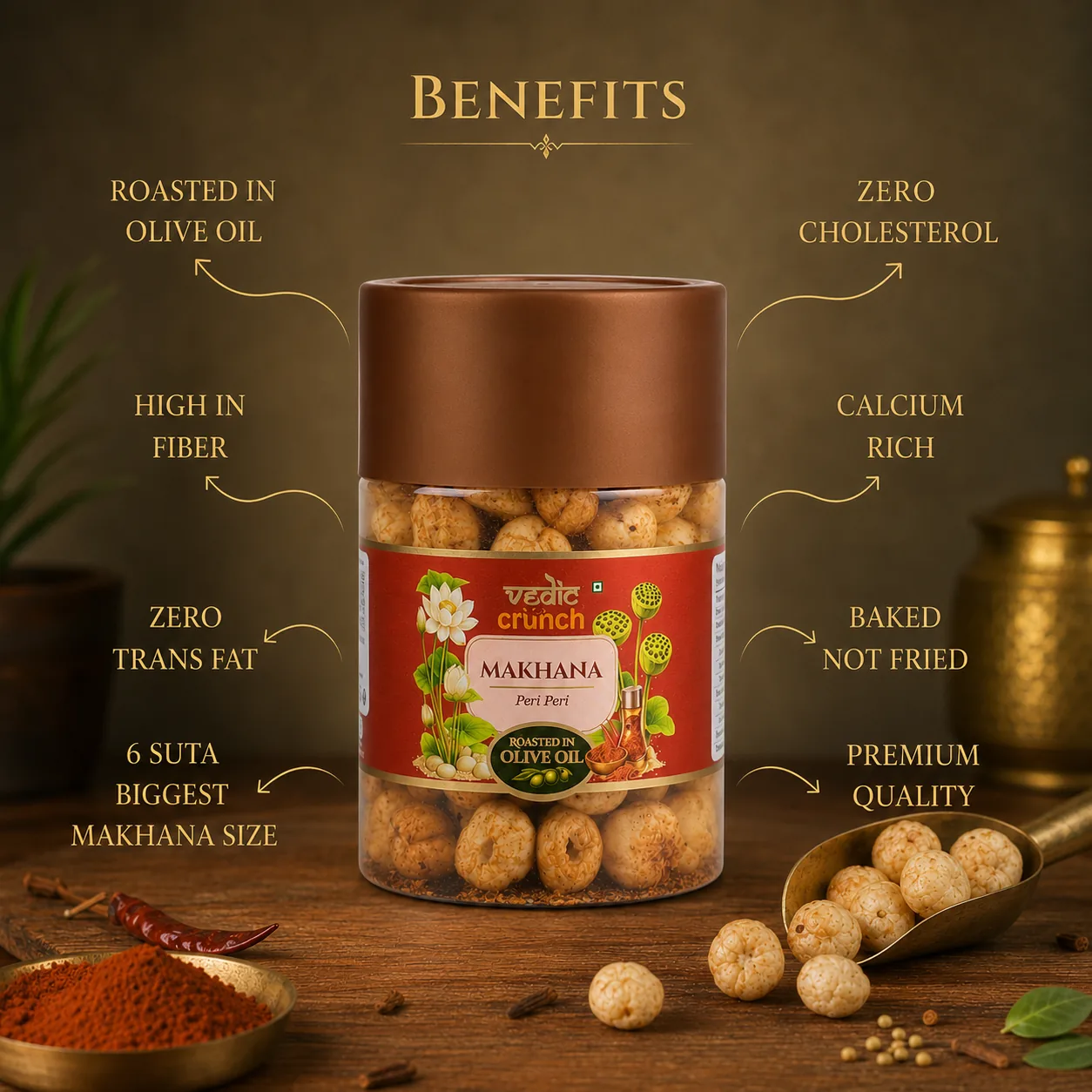 Benefits panel from the Vedic Crunch catalogue: roasted in olive oil, high in fibre, zero trans fat, 6 suta biggest makhana size, zero cholesterol, calcium rich, baked not fried, premium quality.
