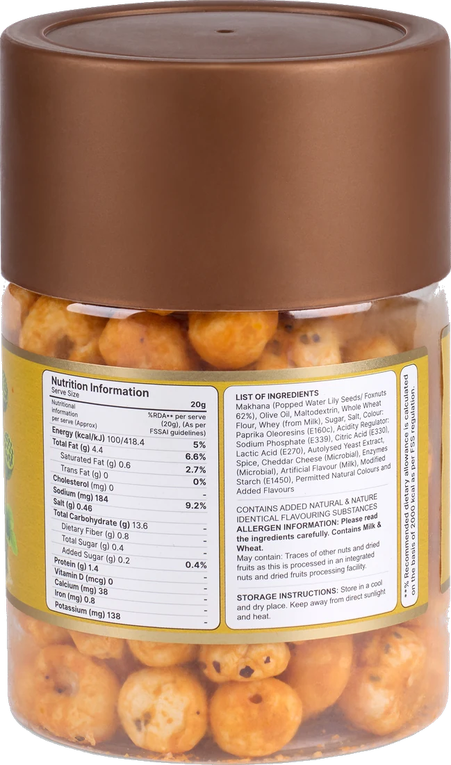 The back of the Cheddar Cheese Makhana jar