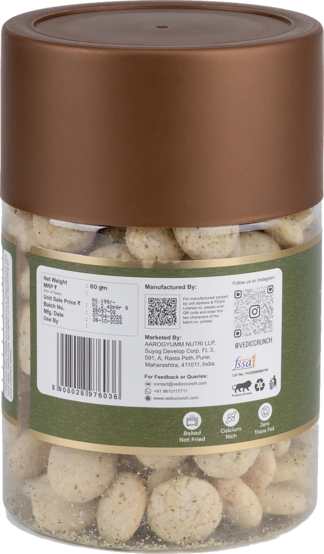 The back of the Cream & Onion Jowar Puffs jar