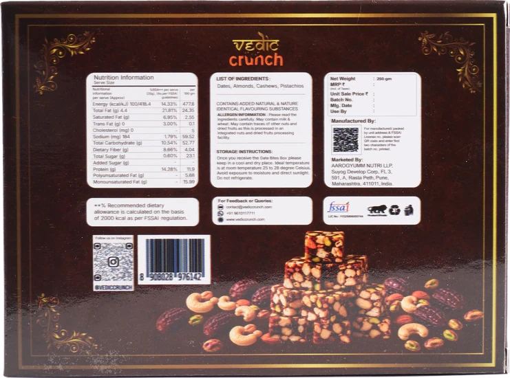 The printed panel on the back of the Date Bites pack