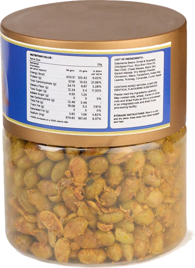 The printed panel on the back of the Desi Masala Edamame pack